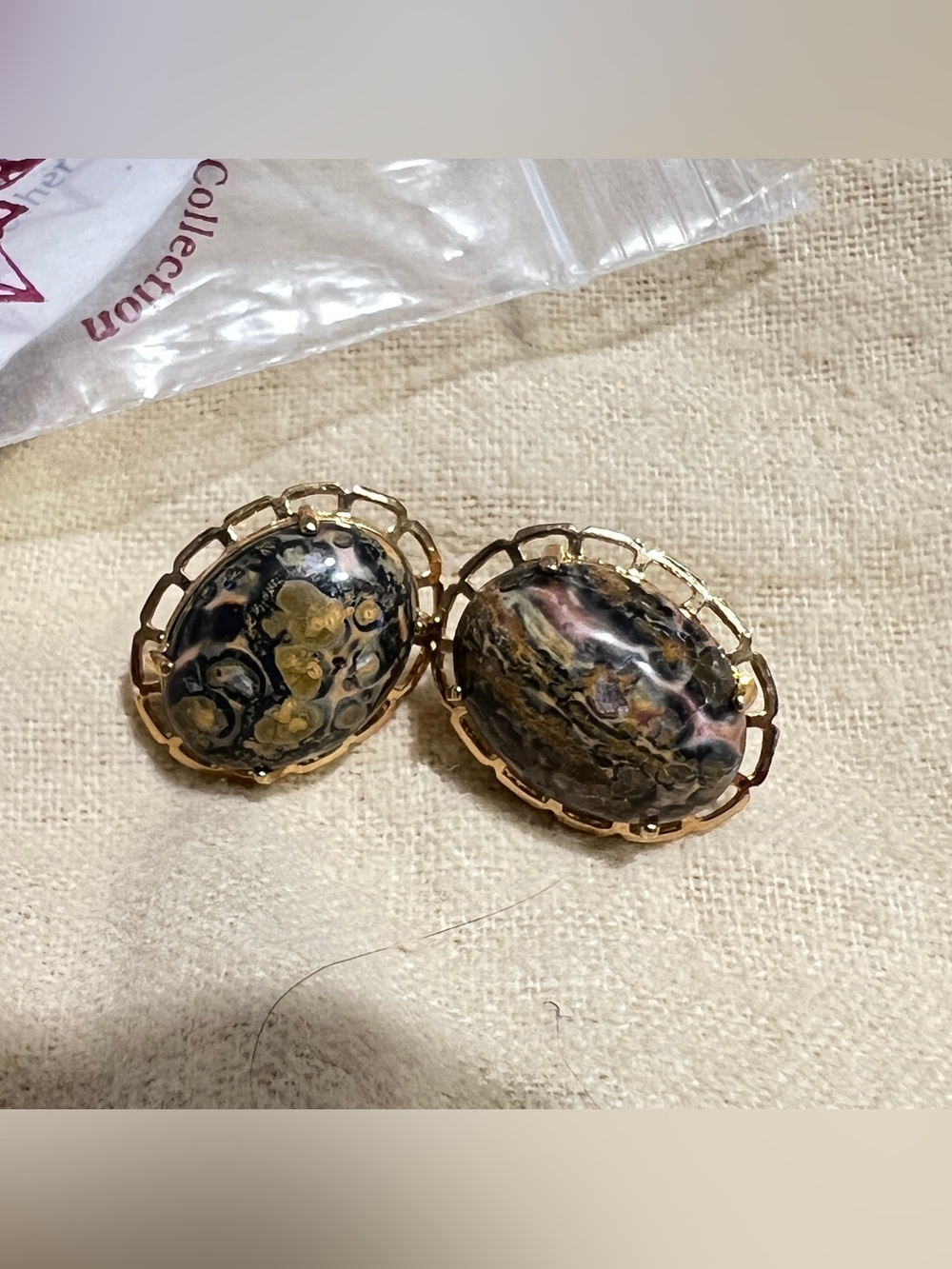 Vintage Look Leopard Skin Jasper Stone Gold Earring Studs New
